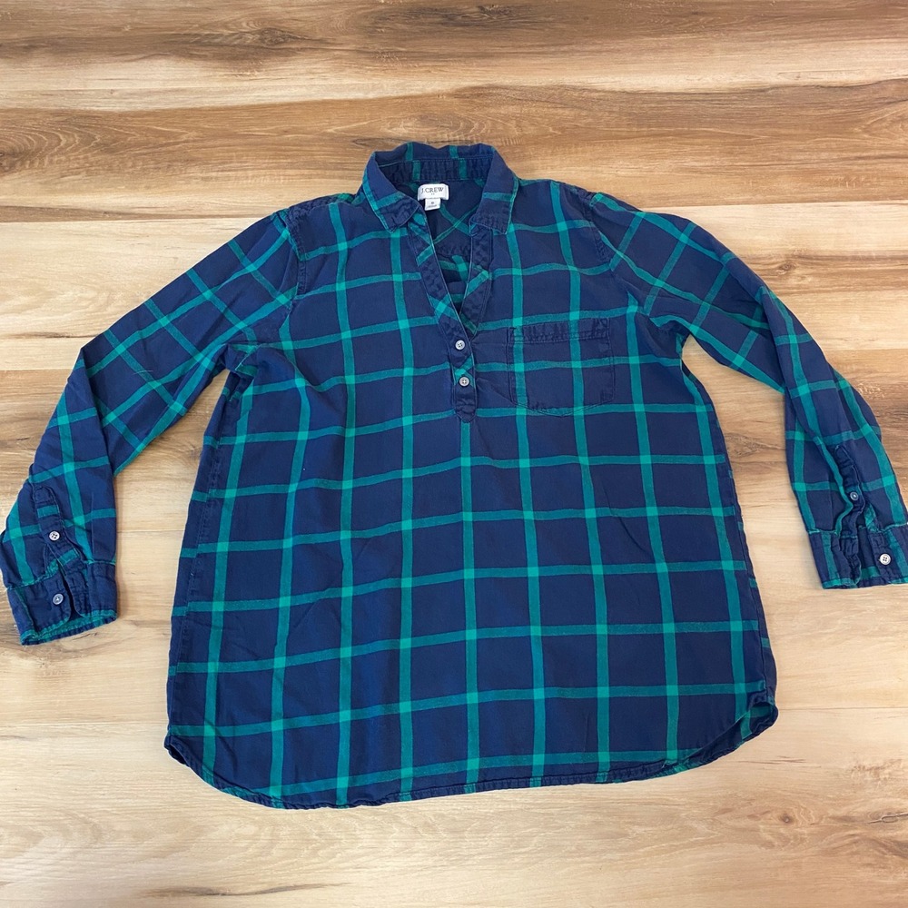 J. Crew Plaid Long Sleeve Tunic Shirt Women Size Small Navy Green‎ Button Up
